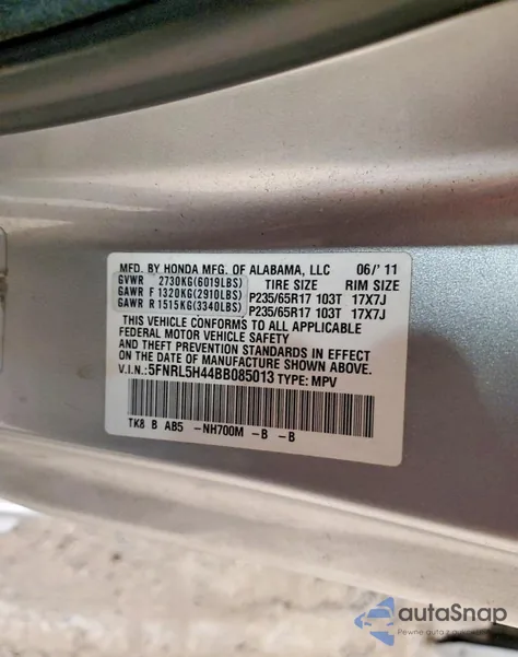 2011 Honda Odyssey Ex from USA, damaged, VIN 5FNRL5H44BB085013
